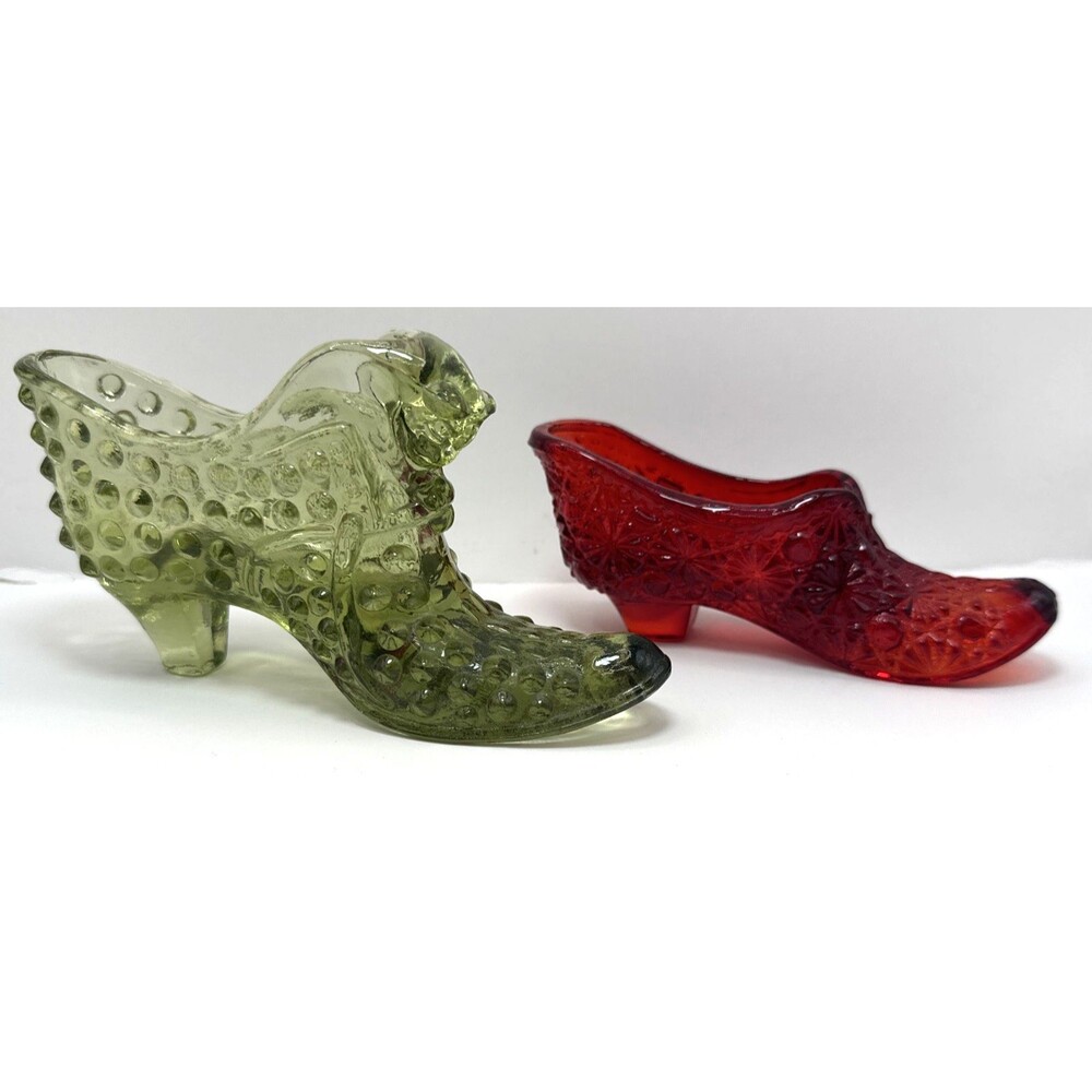 VTG USA Fenton Colonial Green Hobnail Slipper Shoe Ruby Red Daisy and Button - Picture 1 of 11